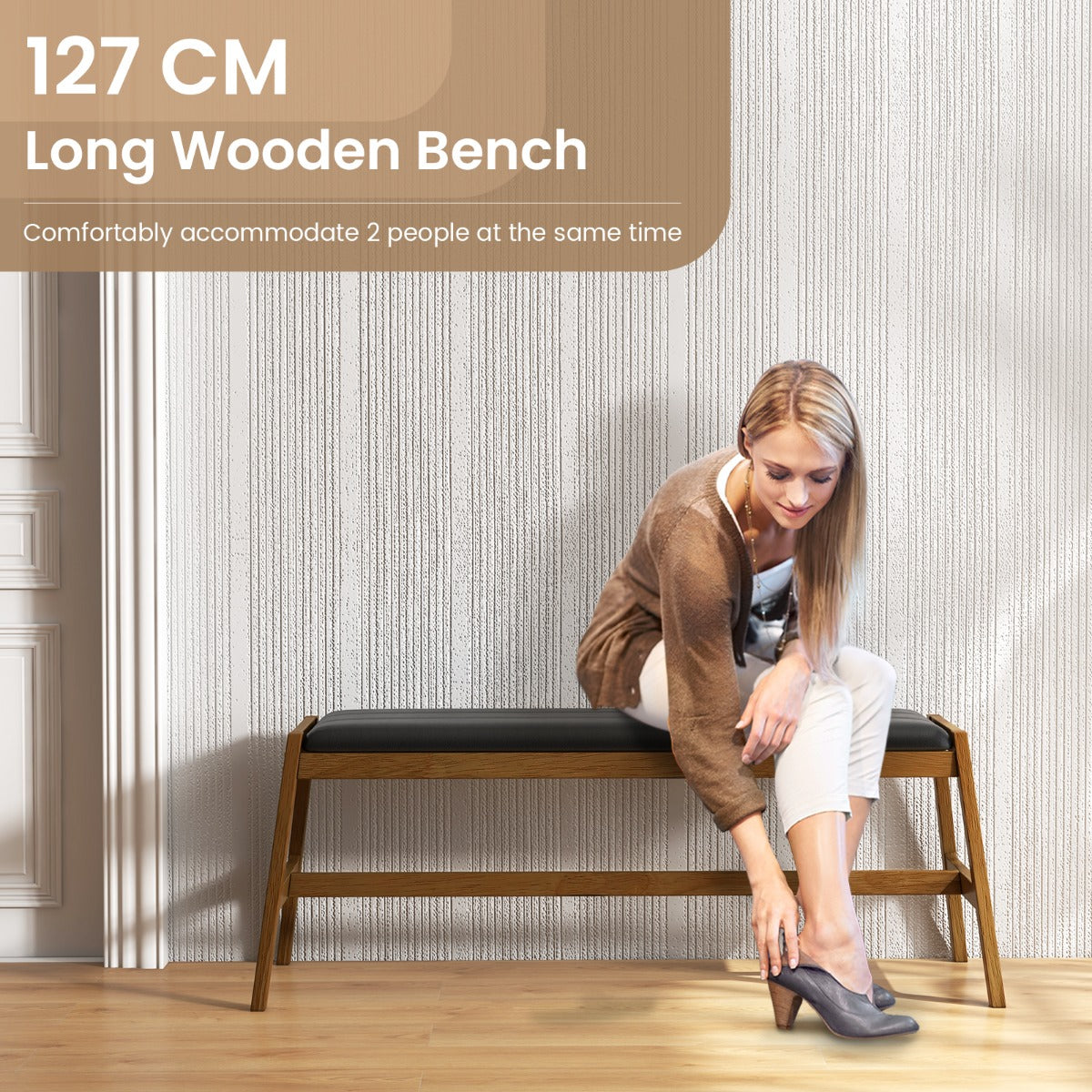 LIVSK Eetbank voor 2 Personen - 100% Hevea Hout - PVC-leren Bekleding - Luxe Zitkussen - Tot 150 kg - Walnoot, Zwart