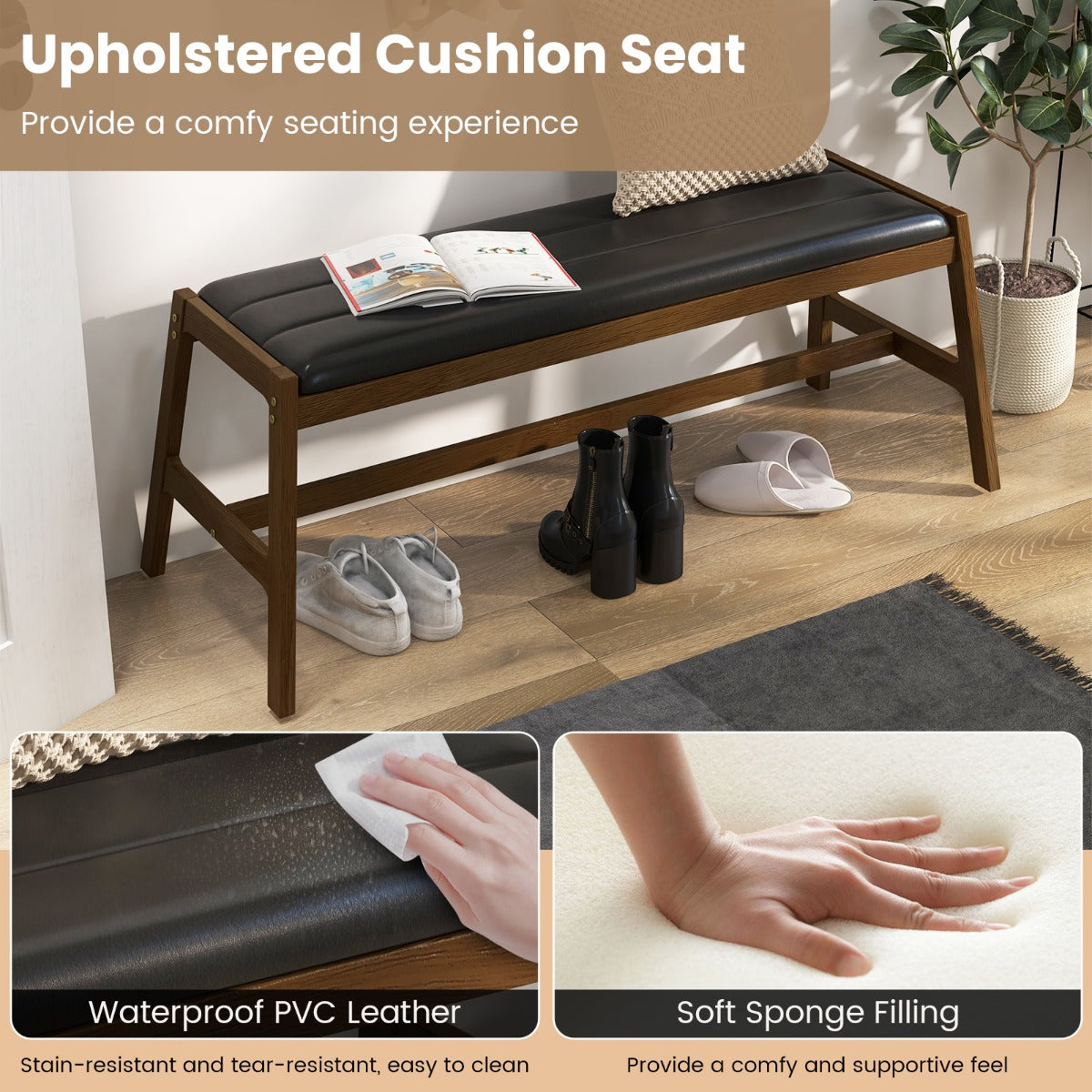 LIVSK Eetbank voor 2 Personen - 100% Hevea Hout - PVC-leren Bekleding - Luxe Zitkussen - Tot 150 kg - Walnoot, Zwart