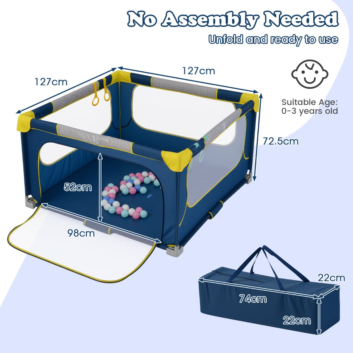 Livsk costway 127 x 127 x 725 cm opvouwbaar babylooprek met 50 ballen 4 handvatten ritsdeur looprek speelrek blauw 2
