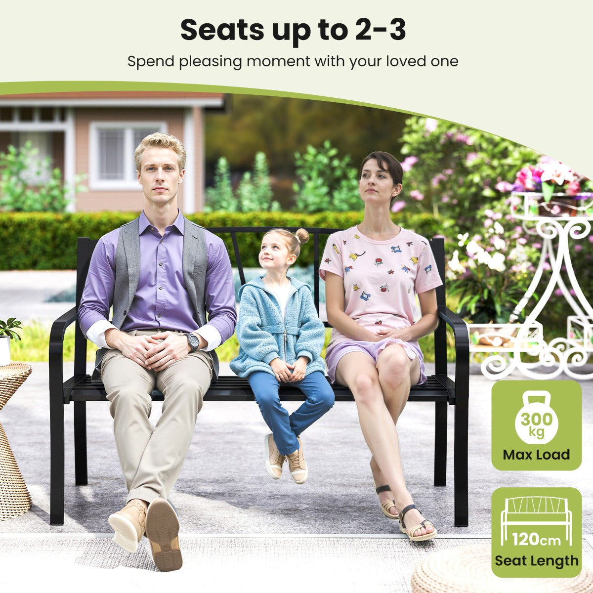 LIVSK Moderne Tuinbank - Robuust Metaal met Ergonomische Zitting - Voor 2-3 Personen - Tot 300 kg - Zwart