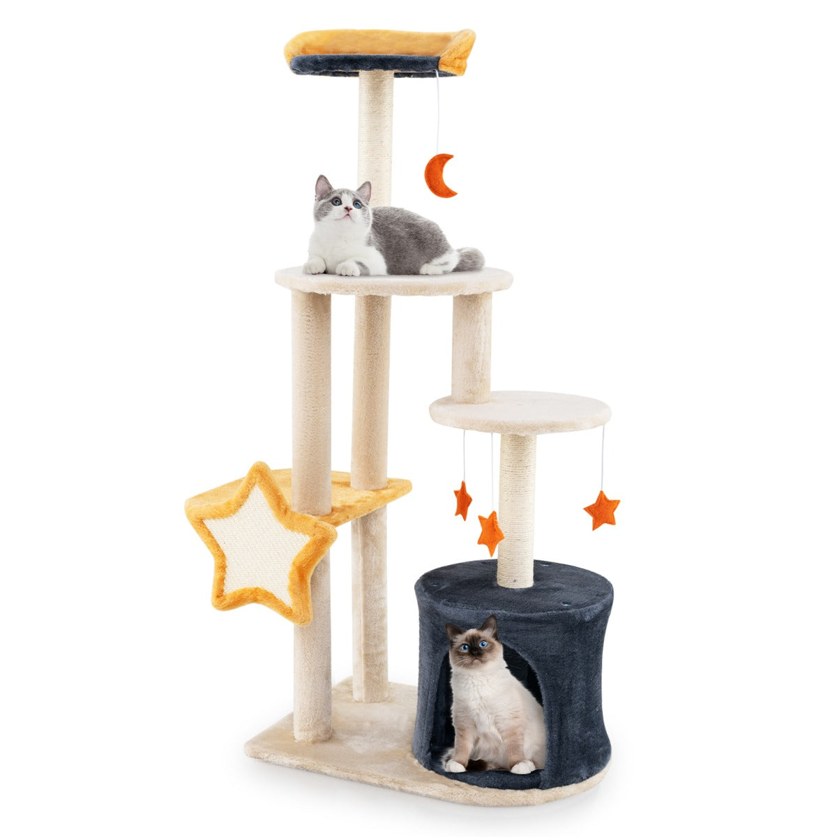 LIVSK Kattentoren met Meerdere Verdiepingen - Zacht Pluche - Krabpalen - Hangende Speeltjes - Tot 10 kg - Beige, Donkergrijs,