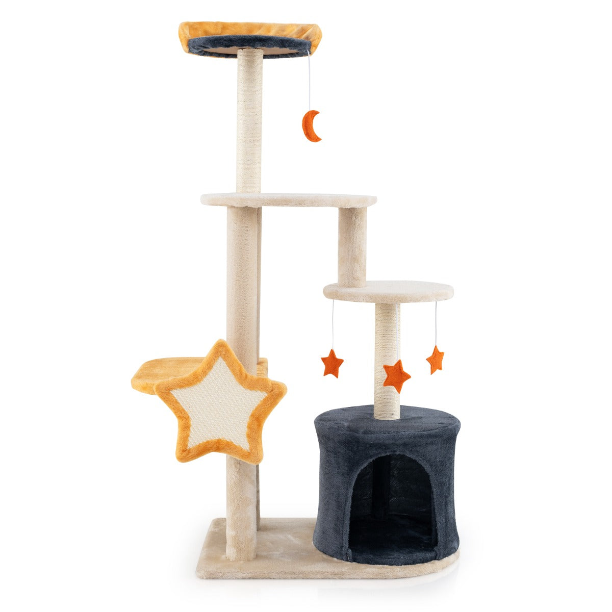 LIVSK Kattentoren met Meerdere Verdiepingen - Zacht Pluche - Krabpalen - Hangende Speeltjes - Tot 10 kg - Beige, Donkergrijs,