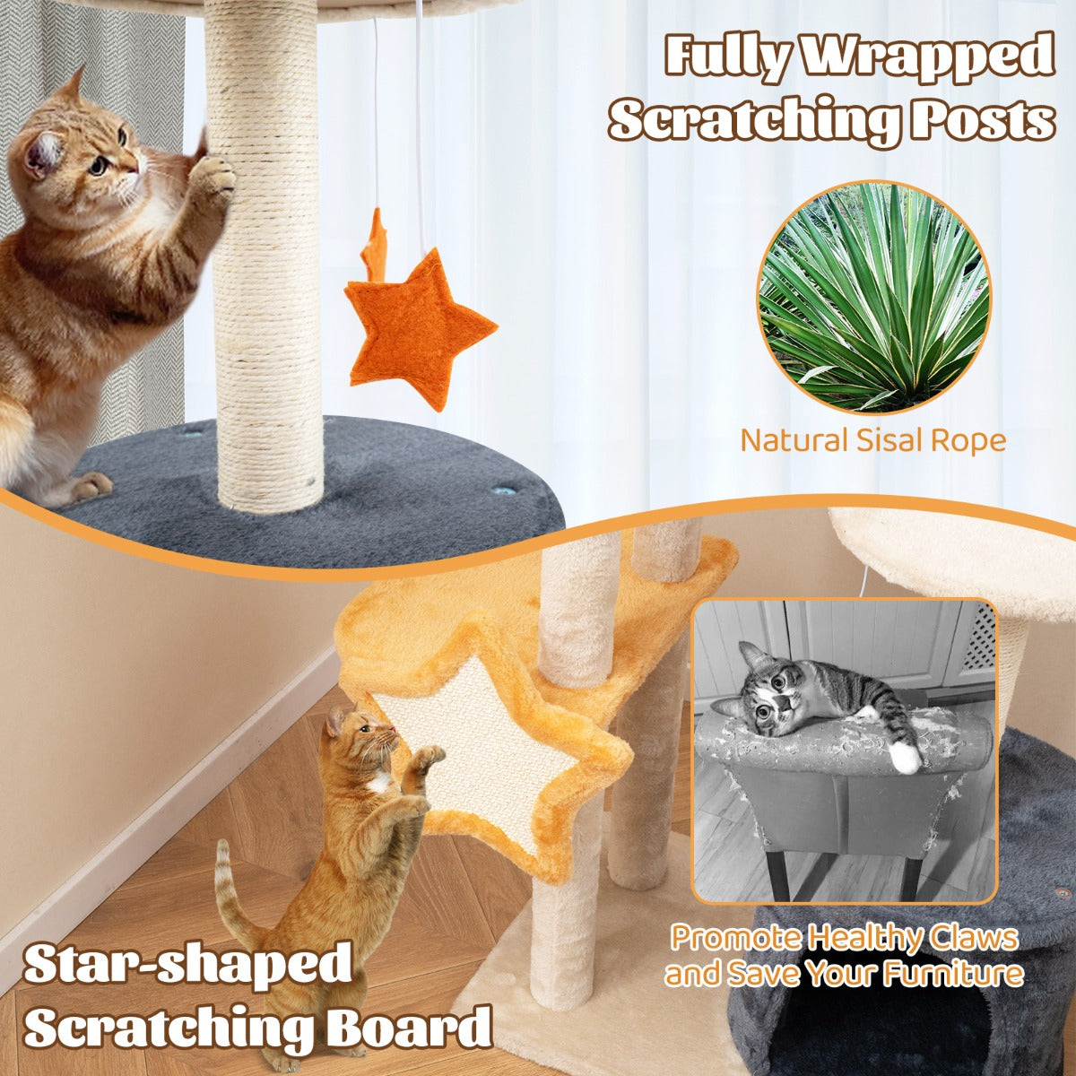 LIVSK Kattentoren met Meerdere Verdiepingen - Zacht Pluche - Krabpalen - Hangende Speeltjes - Tot 10 kg - Beige, Donkergrijs,