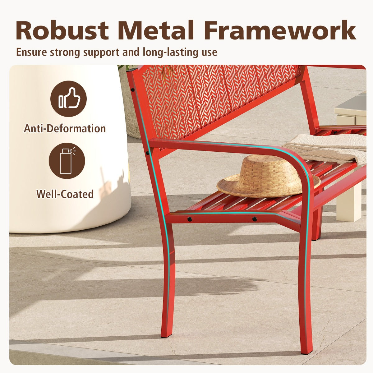 LIVSK Metalen Tuinbank - Stevig Frame - Ergonomisch Ontwerp - Ruime Zitting voor 2-3 Personen - Draagvermogen 300 kg - Rood