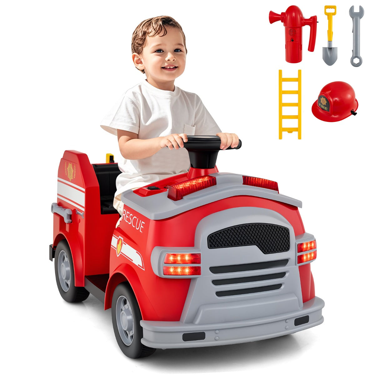 LIVSK Elektrische Brandweerwagen voor Kinderen - 12 V Batterij - Zelfstandig Rijden met Geluidseffecten - Inclusief Accessoires -