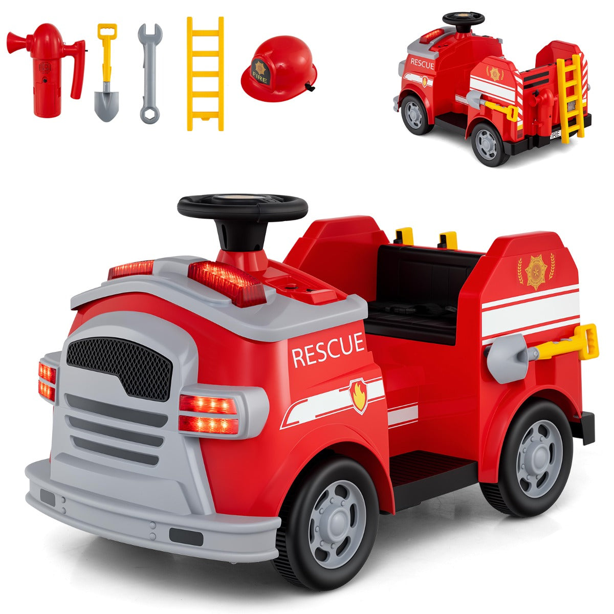 LIVSK Elektrische Brandweerwagen voor Kinderen - 12 V Batterij - Zelfstandig Rijden met Geluidseffecten - Inclusief Accessoires -