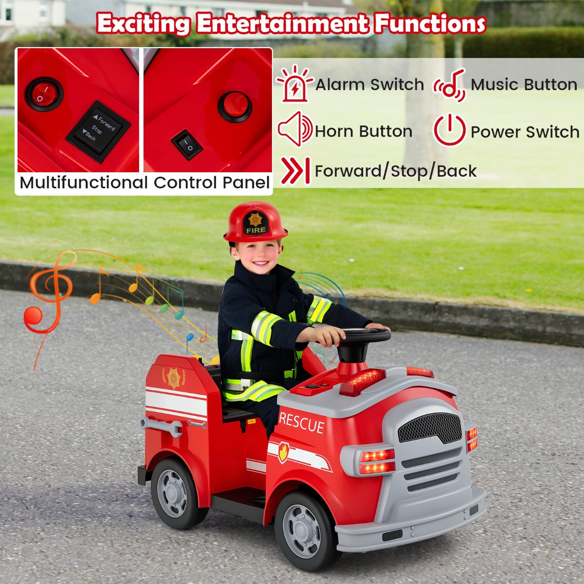 LIVSK Elektrische Brandweerwagen voor Kinderen - 12 V Batterij - Zelfstandig Rijden met Geluidseffecten - Inclusief Accessoires -