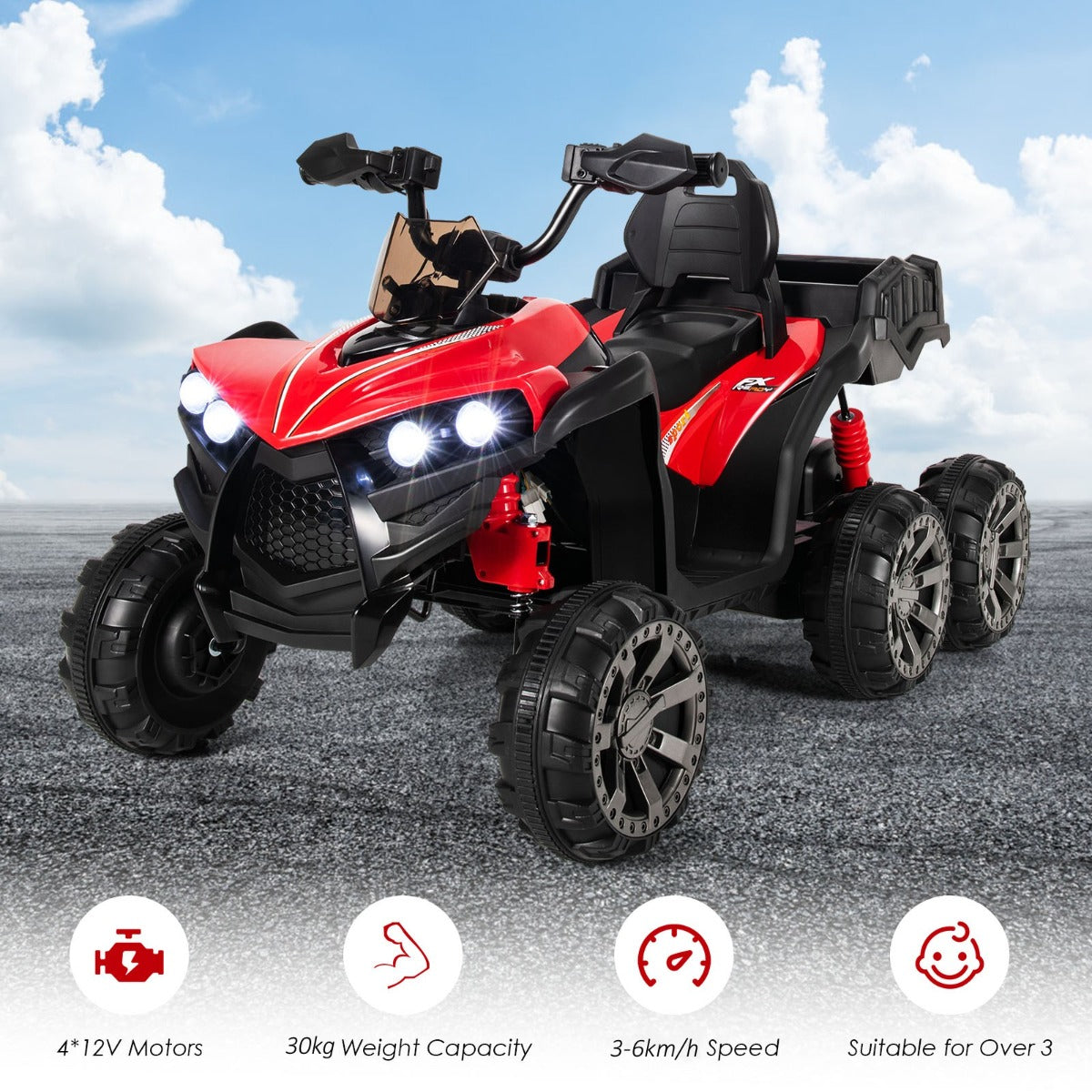 LIVSK All-terrain Elektrische Quad voor Kinderen - 4 Motoren - LED Verlichting - Muziek - Tot 30 kg - 129 x 69 x 72 cm - Rood