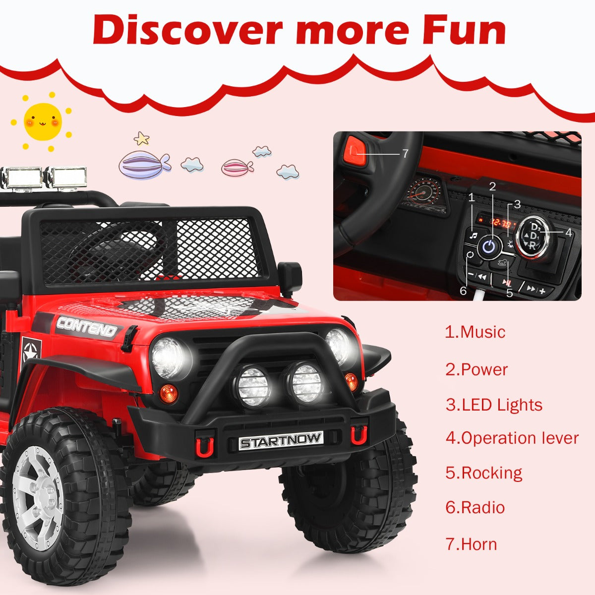 Livsk costway 12v elektrische auto voor kinderen met afstandsbediening licht muziek rood 3