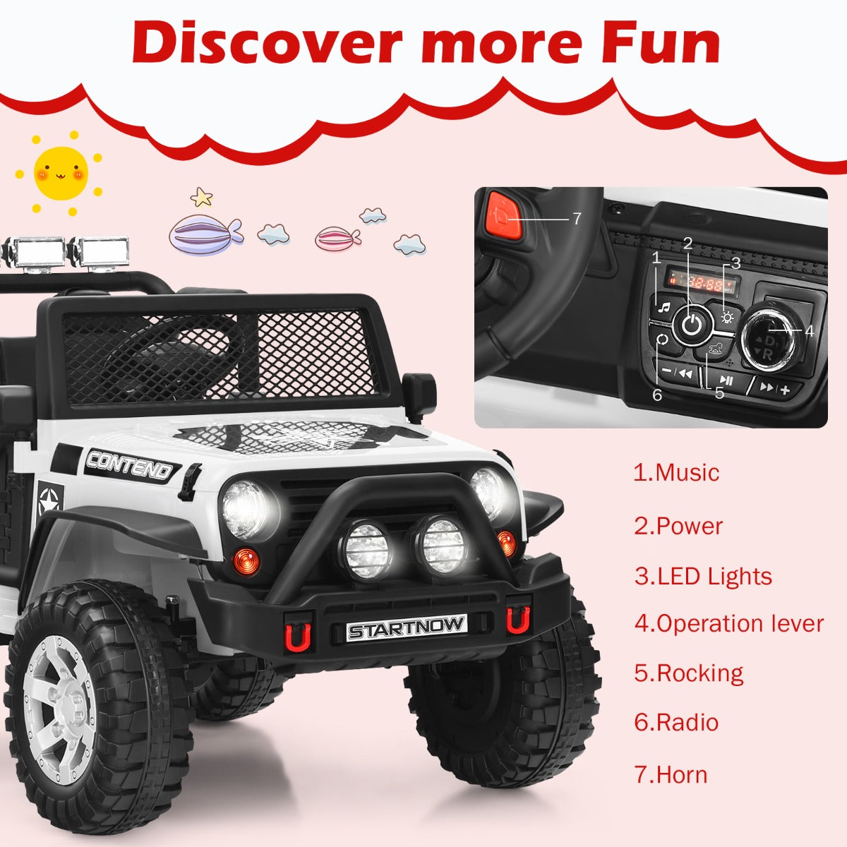 Livsk costway 12v elektrische auto voor kinderen met afstandsbediening licht muziek wit 3