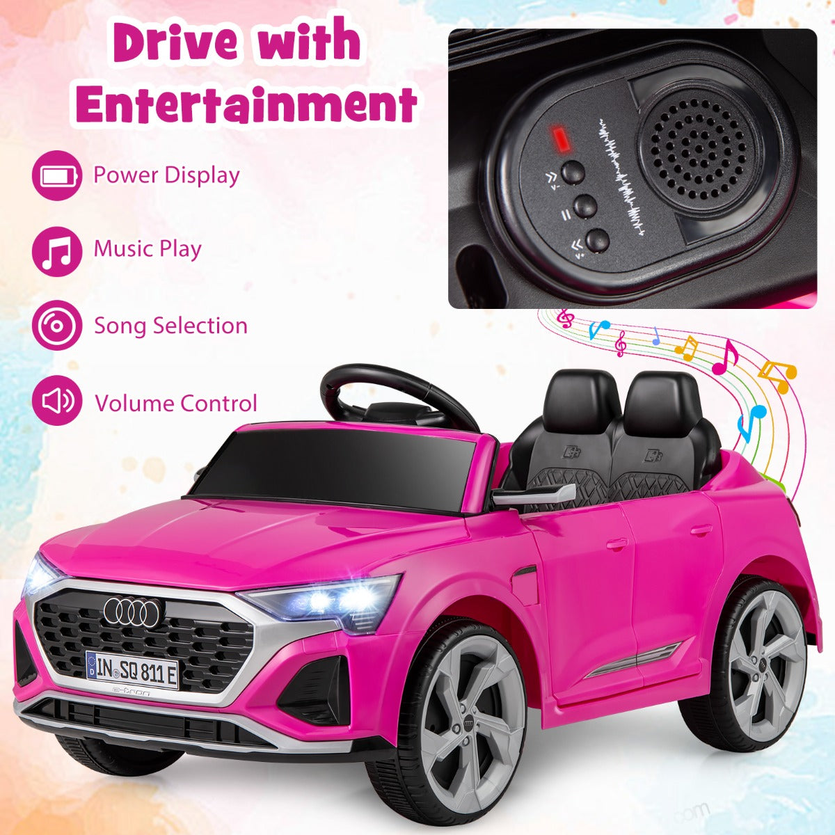 LIVSK Audi SQ8 Kinderauto met Afstandsbediening - 12V Oplaadbare Batterij - 3 Snelheden - LED-verlichting - Zwart/Roze