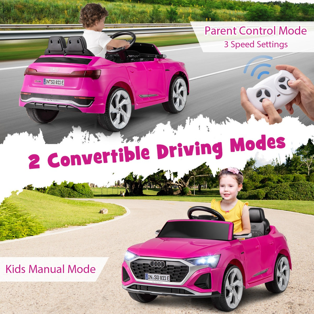 LIVSK Audi SQ8 Kinderauto met Afstandsbediening - 12V Oplaadbare Batterij - 3 Snelheden - LED-verlichting - Zwart/Roze