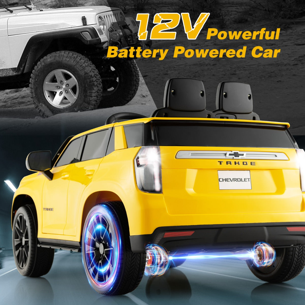 LIVSK Elektrische Kinderauto Chevrolet Tahoe - Afstandsbediening - LED-verlichting - Veiligheidsgordel - 68 x 104 x 53 cm - Geel