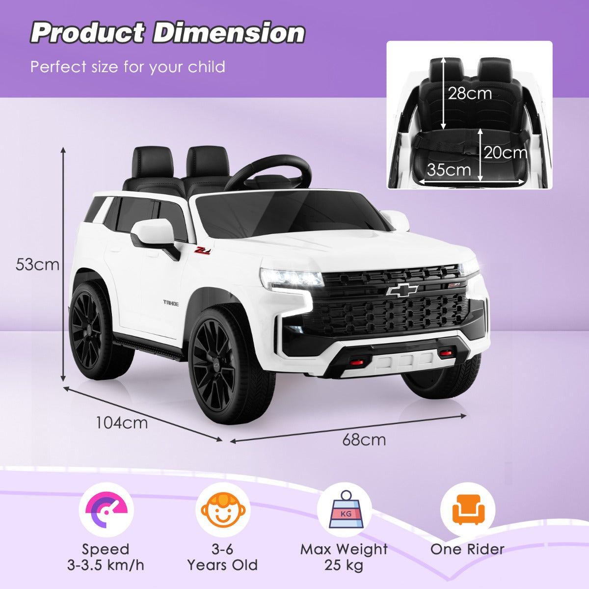 LIVSK Elektrische Kinderauto Chevrolet Tahoe - Afstandsbediening - LED-verlichting - Muziek en verhalen - Tot 25 kg - Wit
