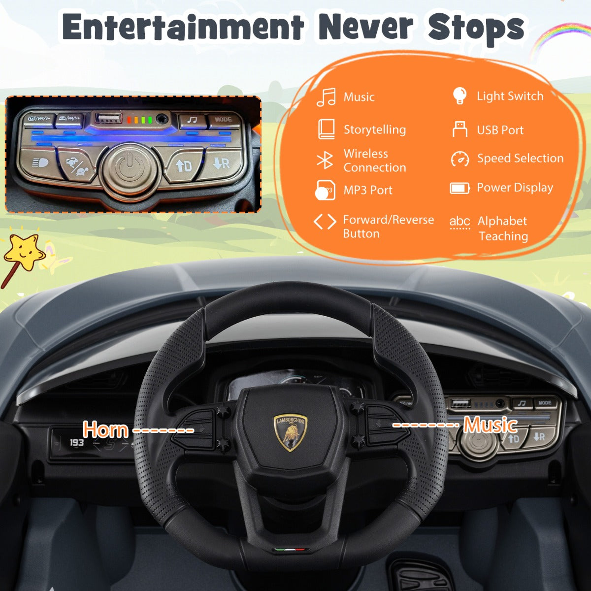 LIVSK Lamborghini Revuelto Elektrische Auto - Autonoom Rijden met Afstandsbediening - Hydraulische Deuren - 25 kg - Grijs/Oranje