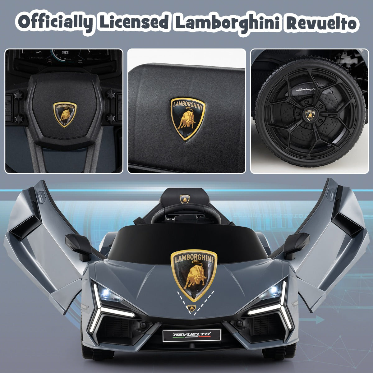 LIVSK Lamborghini Revuelto Elektrische Auto - Autonoom Rijden met Afstandsbediening - Hydraulische Deuren - 25 kg - Grijs/Oranje