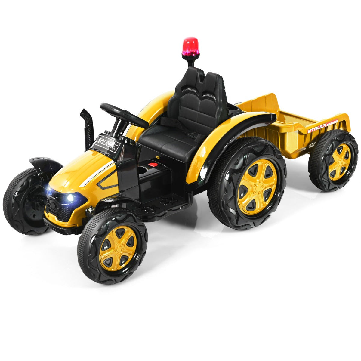 LIVSK Elektrische Kindertractor met Aanhanger - Muziekspeler - Veiligheidsgordel - Eenvoudig te Monteren - 151 x 68 x 70 cm - Geel