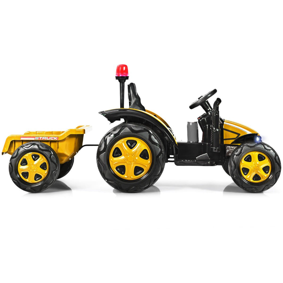 LIVSK Elektrische Kindertractor met Aanhanger - Muziekspeler - Veiligheidsgordel - Eenvoudig te Monteren - 151 x 68 x 70 cm - Geel