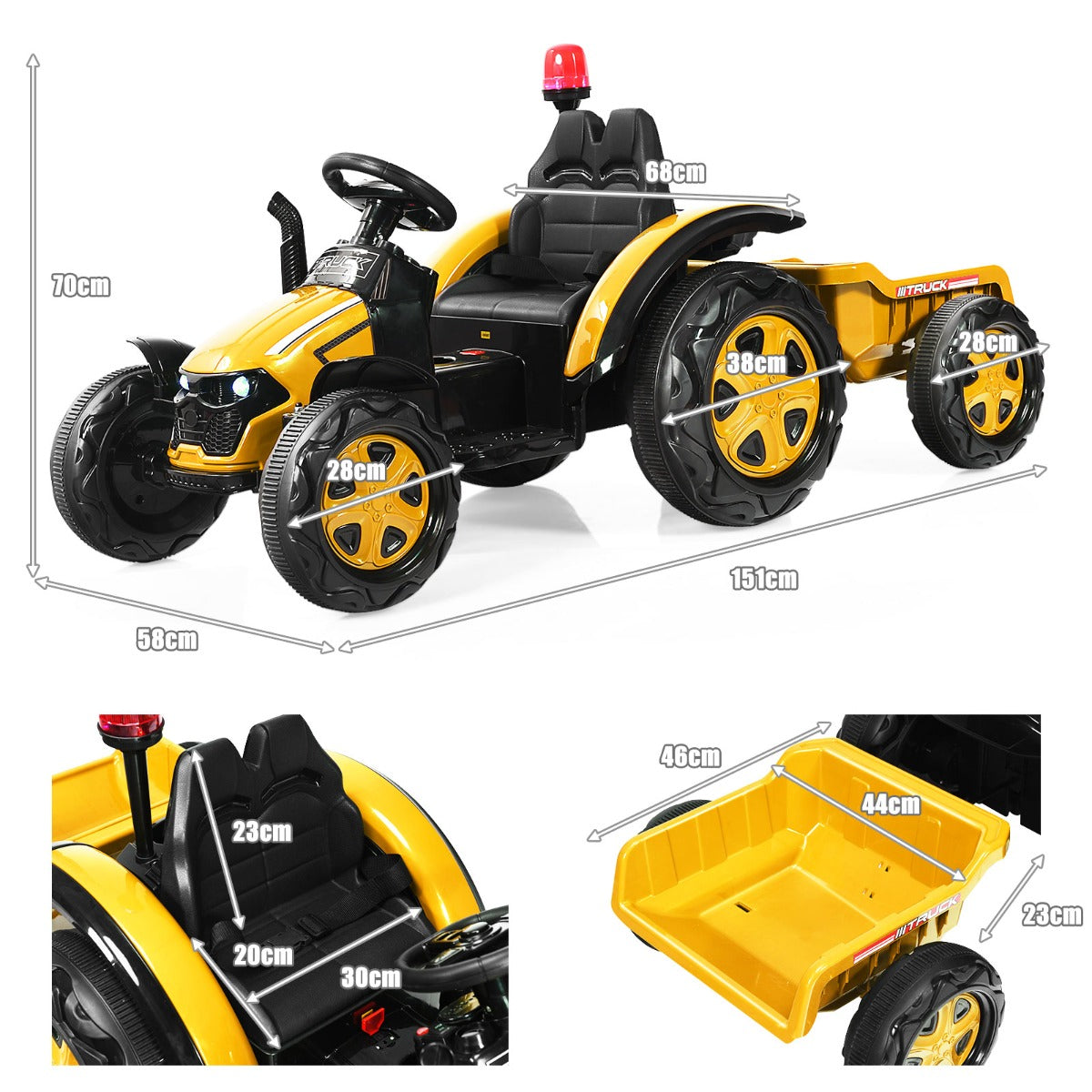 LIVSK Elektrische Kindertractor met Aanhanger - Muziekspeler - Veiligheidsgordel - Eenvoudig te Monteren - 151 x 68 x 70 cm - Geel