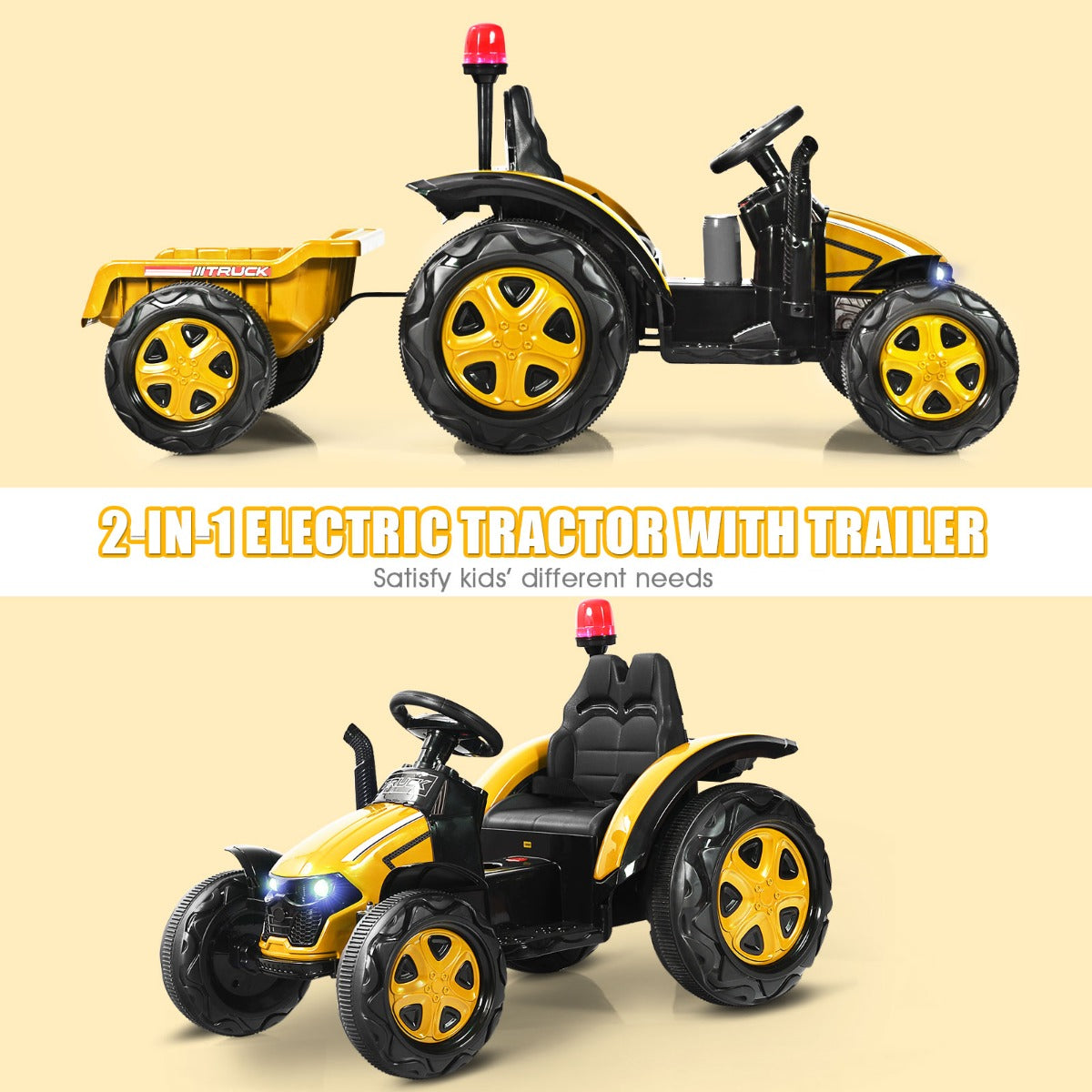 LIVSK Elektrische Kindertractor met Aanhanger - Muziekspeler - Veiligheidsgordel - Eenvoudig te Monteren - 151 x 68 x 70 cm - Geel