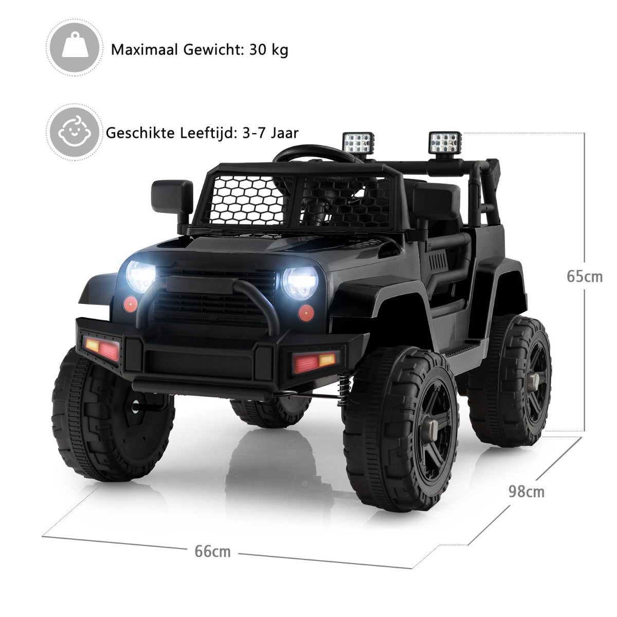 LIVSK Elektrische Kinderauto - Afstandsbediening - Muziek & Claxon - Veiligheidsgordel - Tot 30 kg - 98 x 66 x 65 cm - Zwart