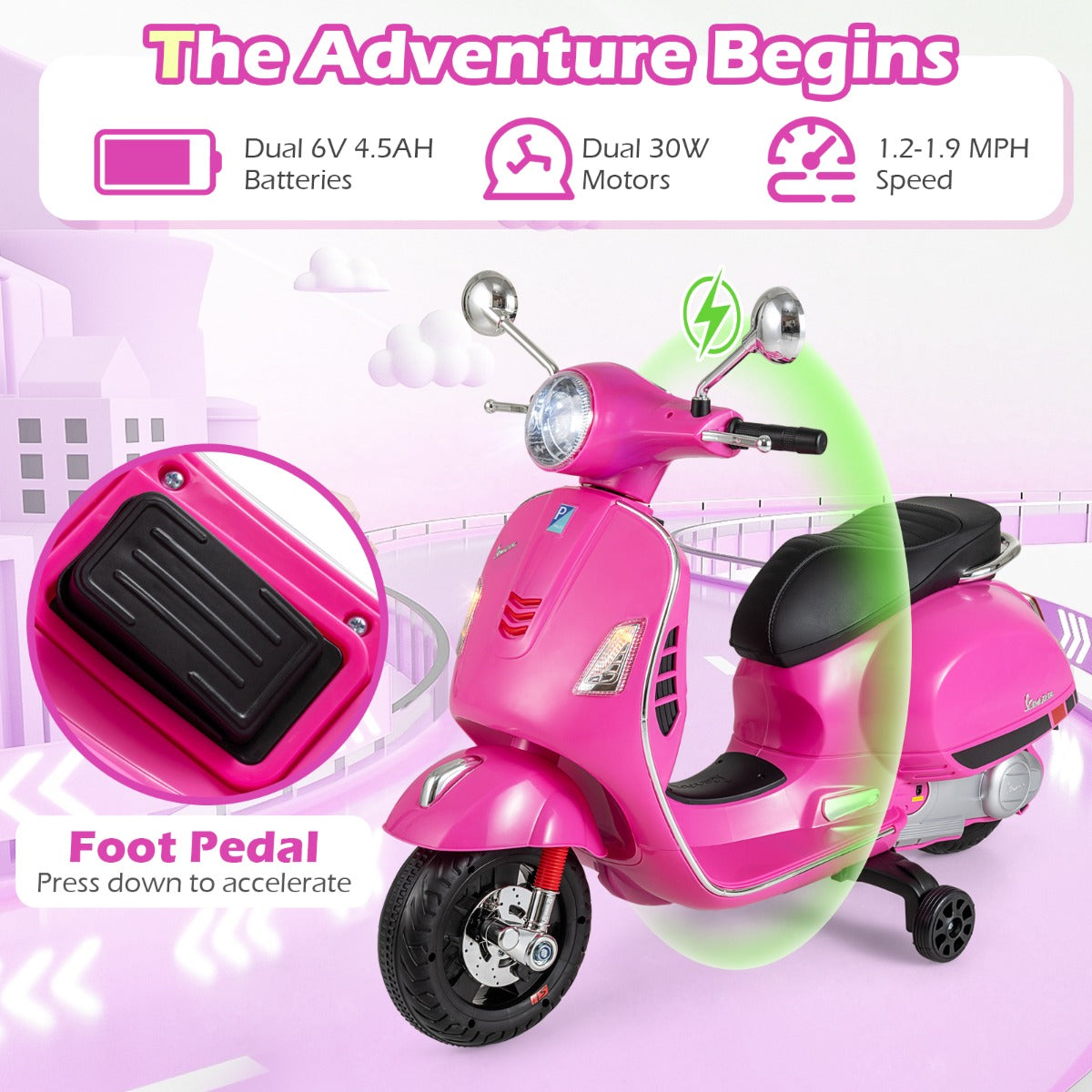 Livsk costway 12v elektrische motorfiets voor kinderen elektrische motorfiets met vier wielen roze 3