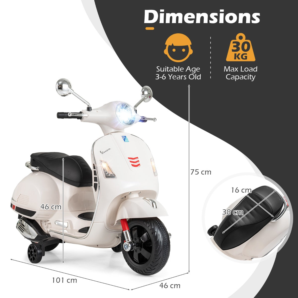Livsk costway 12v elektrische motorfiets voor kinderen elektrische motorfiets met vier wielen wit 1 1