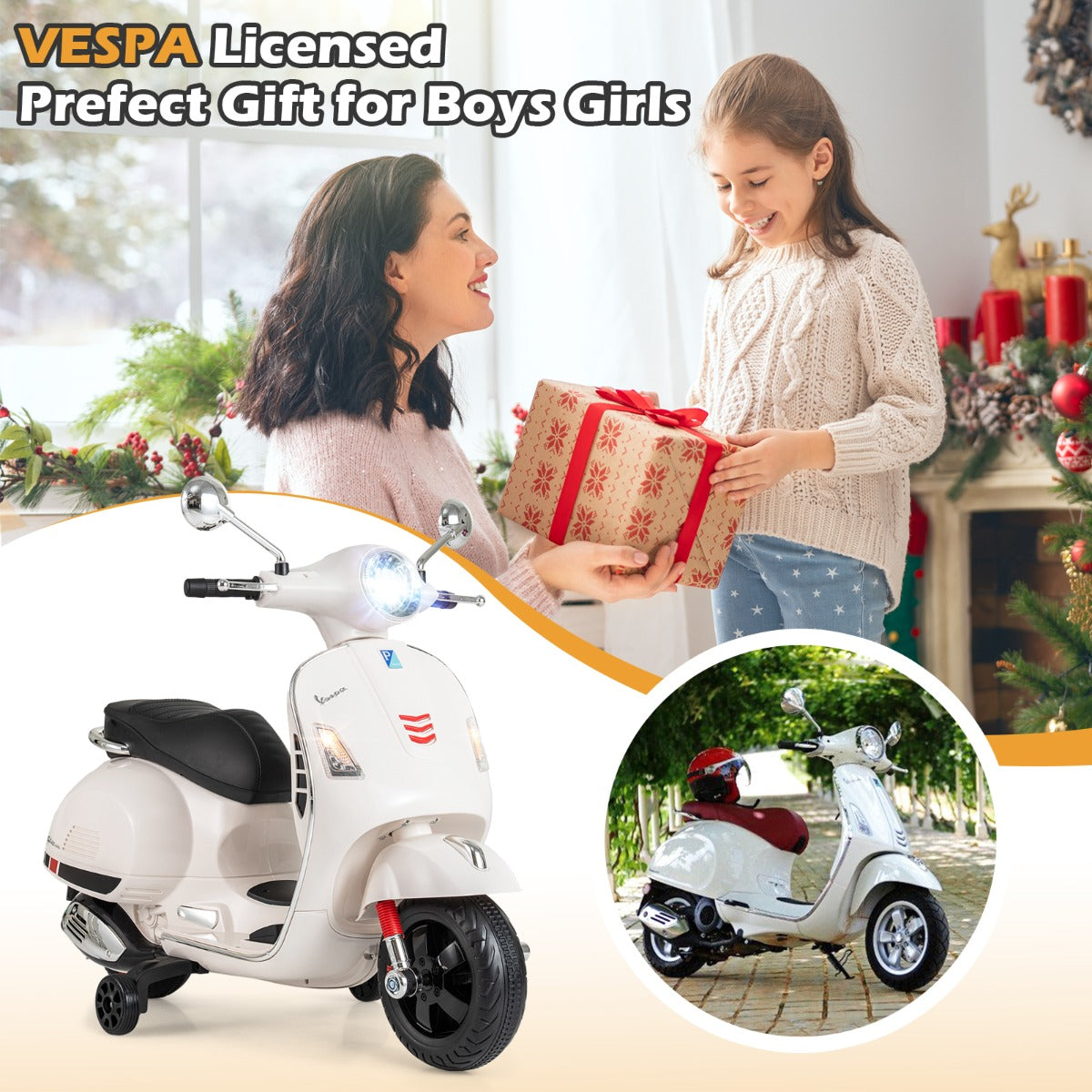 Livsk costway 12v elektrische motorfiets voor kinderen elektrische motorfiets met vier wielen wit 2
