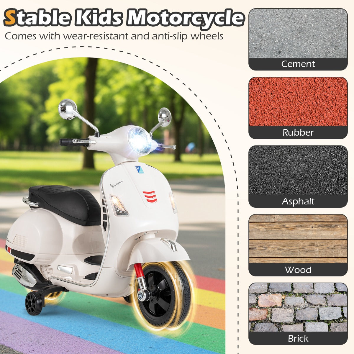 Livsk costway 12v elektrische motorfiets voor kinderen elektrische motorfiets met vier wielen wit 5