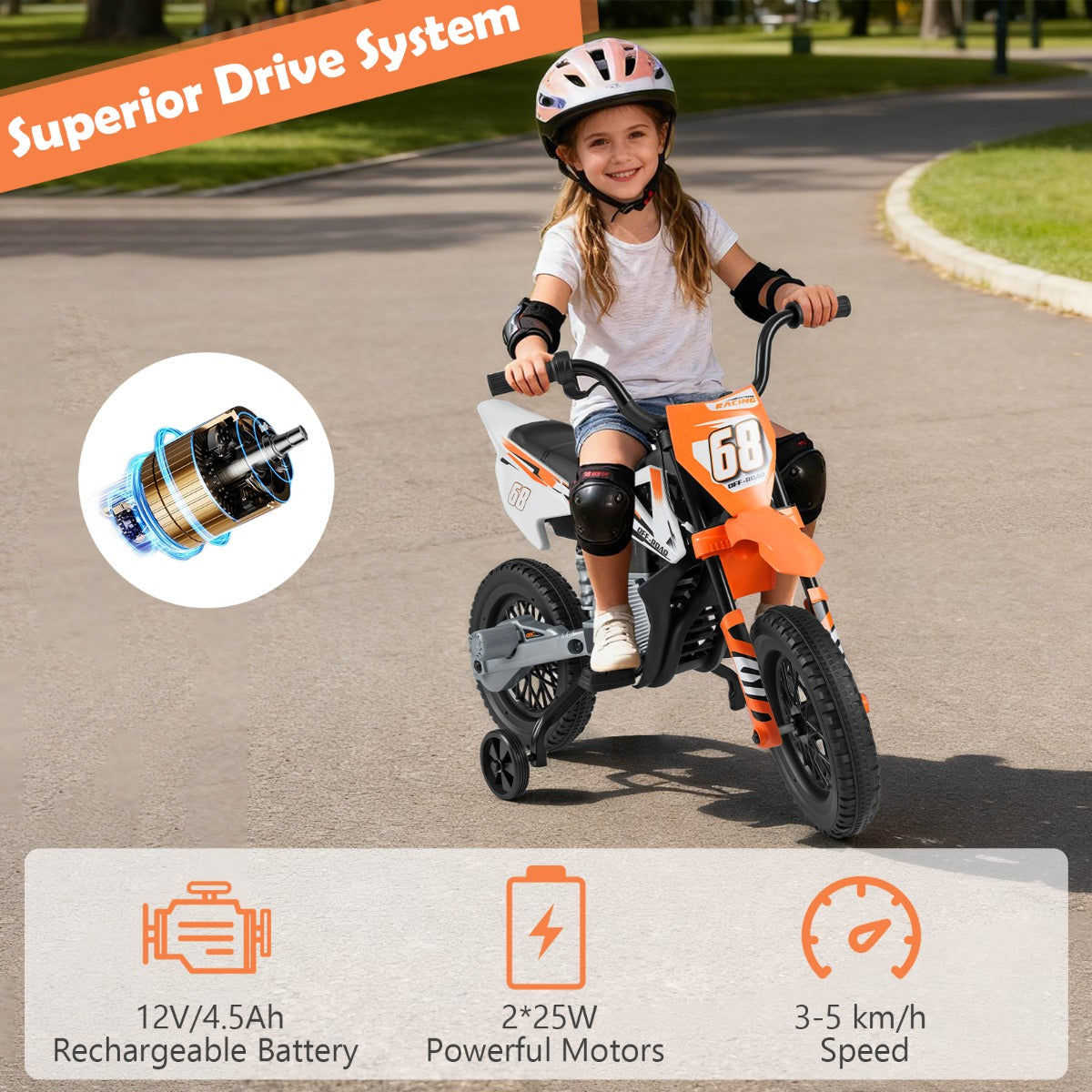 Livsk costway 12v elektrische motorfiets voor kinderen met muziek draadloze connectiviteit en bluetooth functionaliteit oranje 3