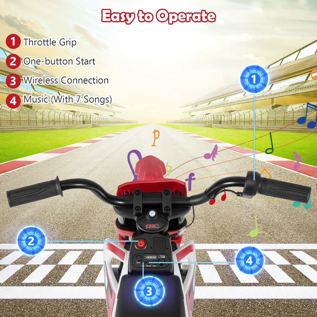 Livsk costway 12v elektrische motorfiets voor kinderen met muziek draadloze connectiviteit en bluetooth functionaliteit rood 3