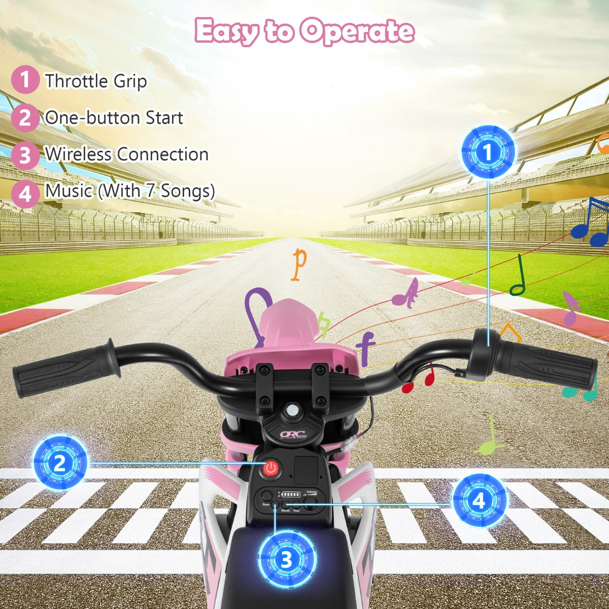 Livsk costway 12v elektrische motorfiets voor kinderen met muziek draadloze connectiviteit en bluetooth functionaliteit roze 3