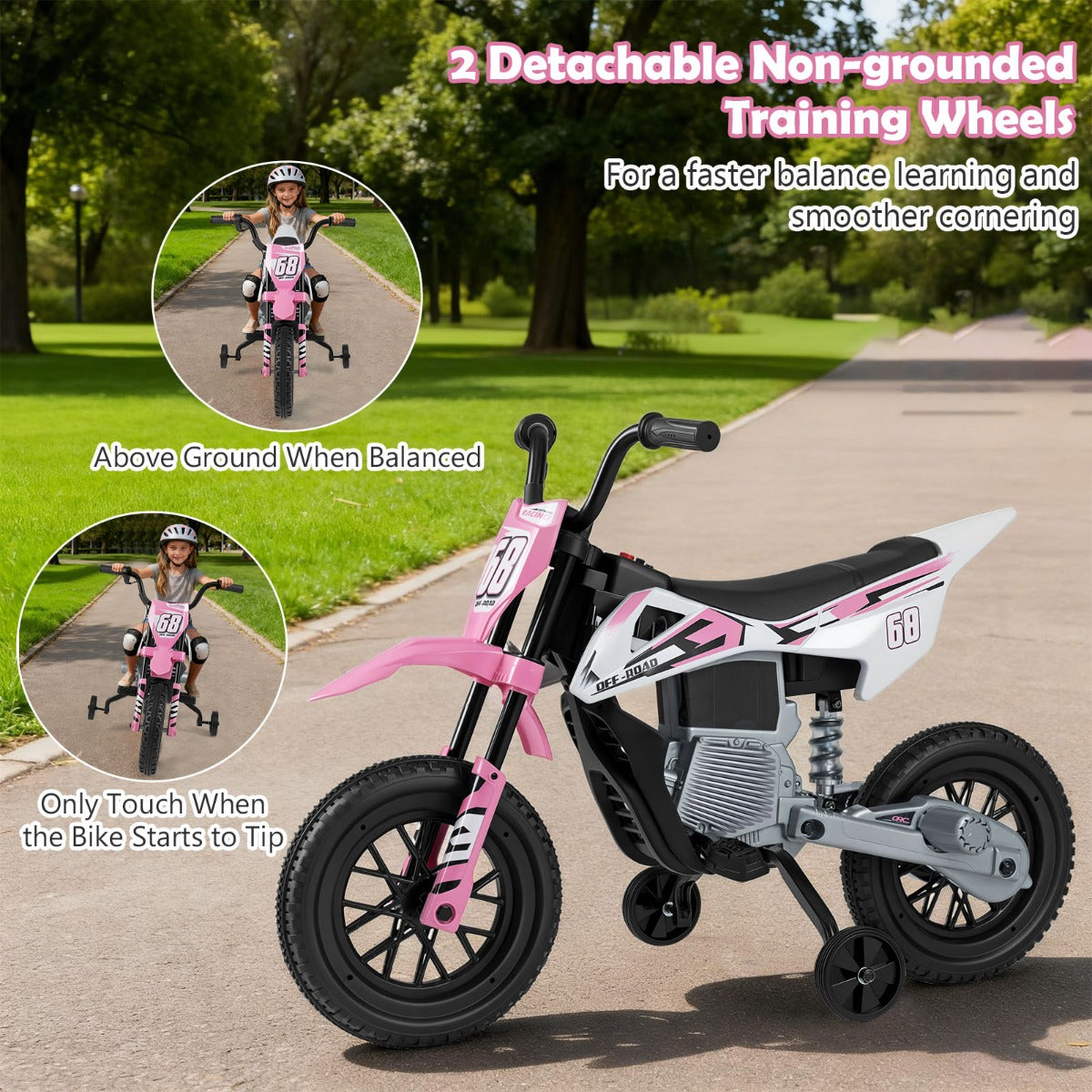 Livsk costway 12v elektrische motorfiets voor kinderen met muziek draadloze connectiviteit en bluetooth functionaliteit roze 4