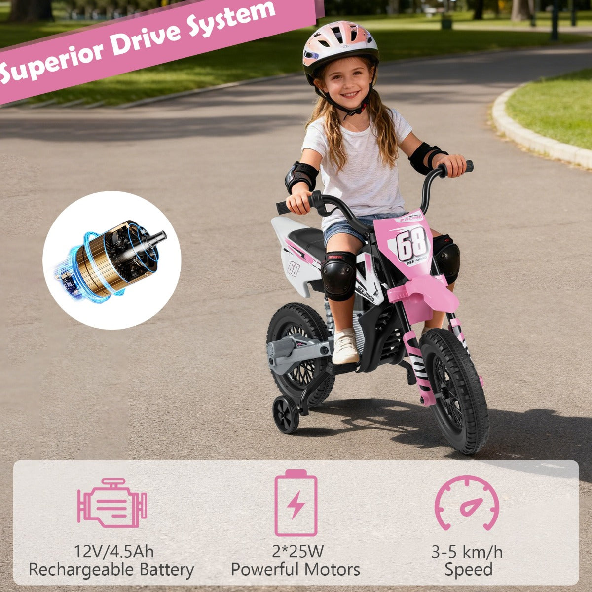 Livsk costway 12v elektrische motorfiets voor kinderen met muziek draadloze connectiviteit en bluetooth functionaliteit roze 5