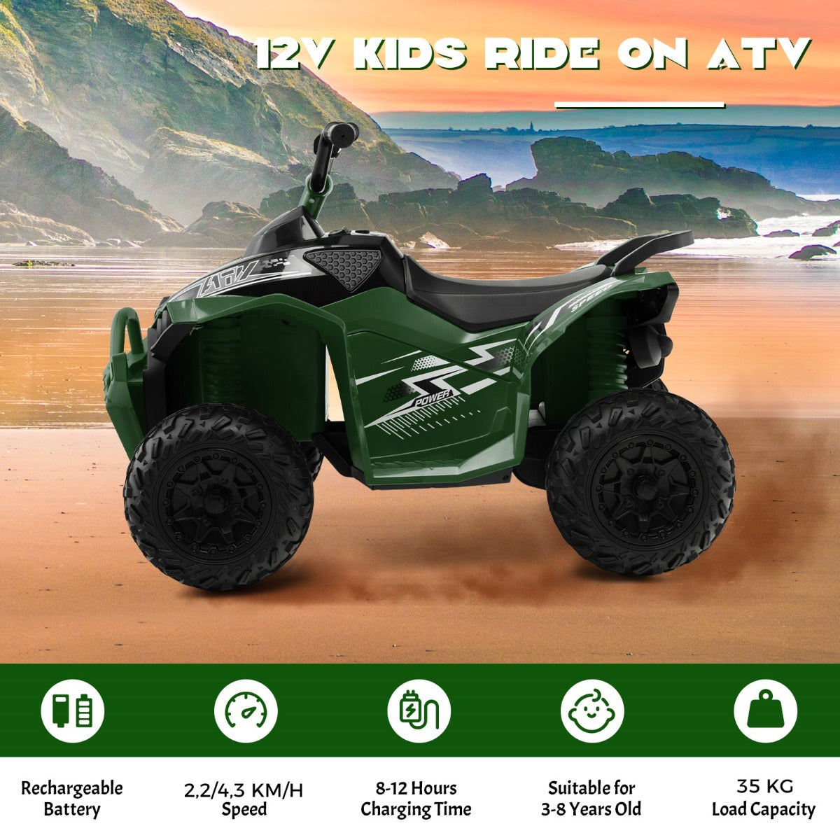 LIVSK Elektrische Kinderquad - Voor Kinderen 3-8 Jaar - Antislip Wielen - Realistische Rijervaring - Legergroen