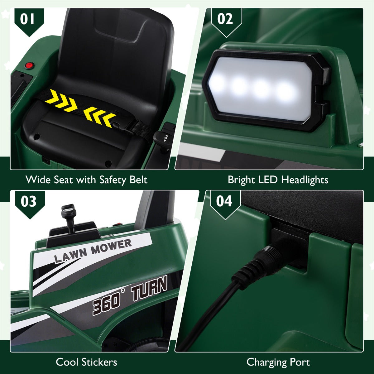 Livsk costway 12v grasmaaier voor kinderen elektrisch voertuig voor peuters met dubbele bedieningshendels led verlichting draai en keerfunctie groen 6