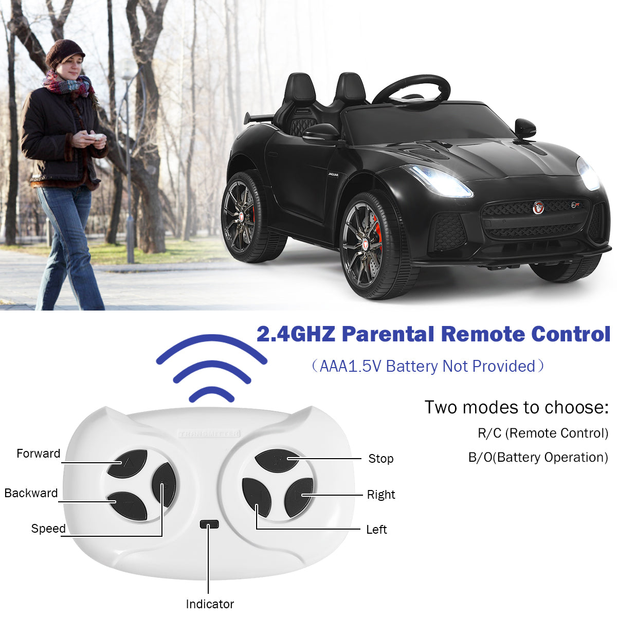 LIVSK Jaguar Kinderauto - Afstandsbediening - MP3/USB Aansluiting - Realistisch Ontwerp - Voor Kinderen tot 25 kg - Zwart