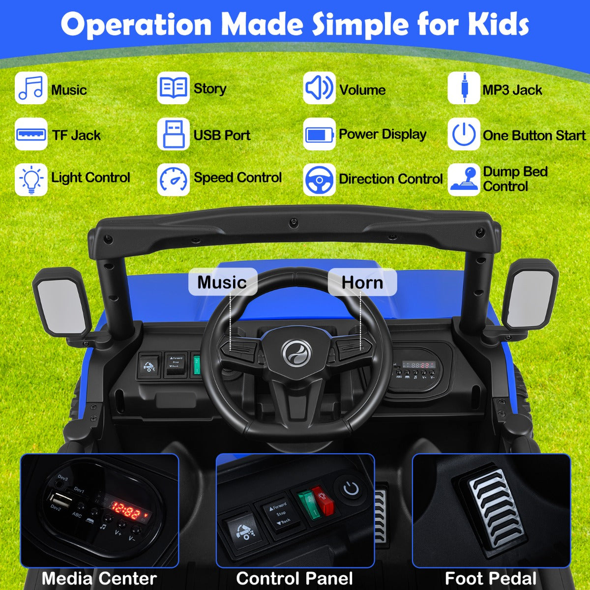 Livsk costway 12v kiepwagen elektrische kinderauto met elektrische kiepbak afstandsbediening muziek verhalen led verlichting en vering marineblauw 2