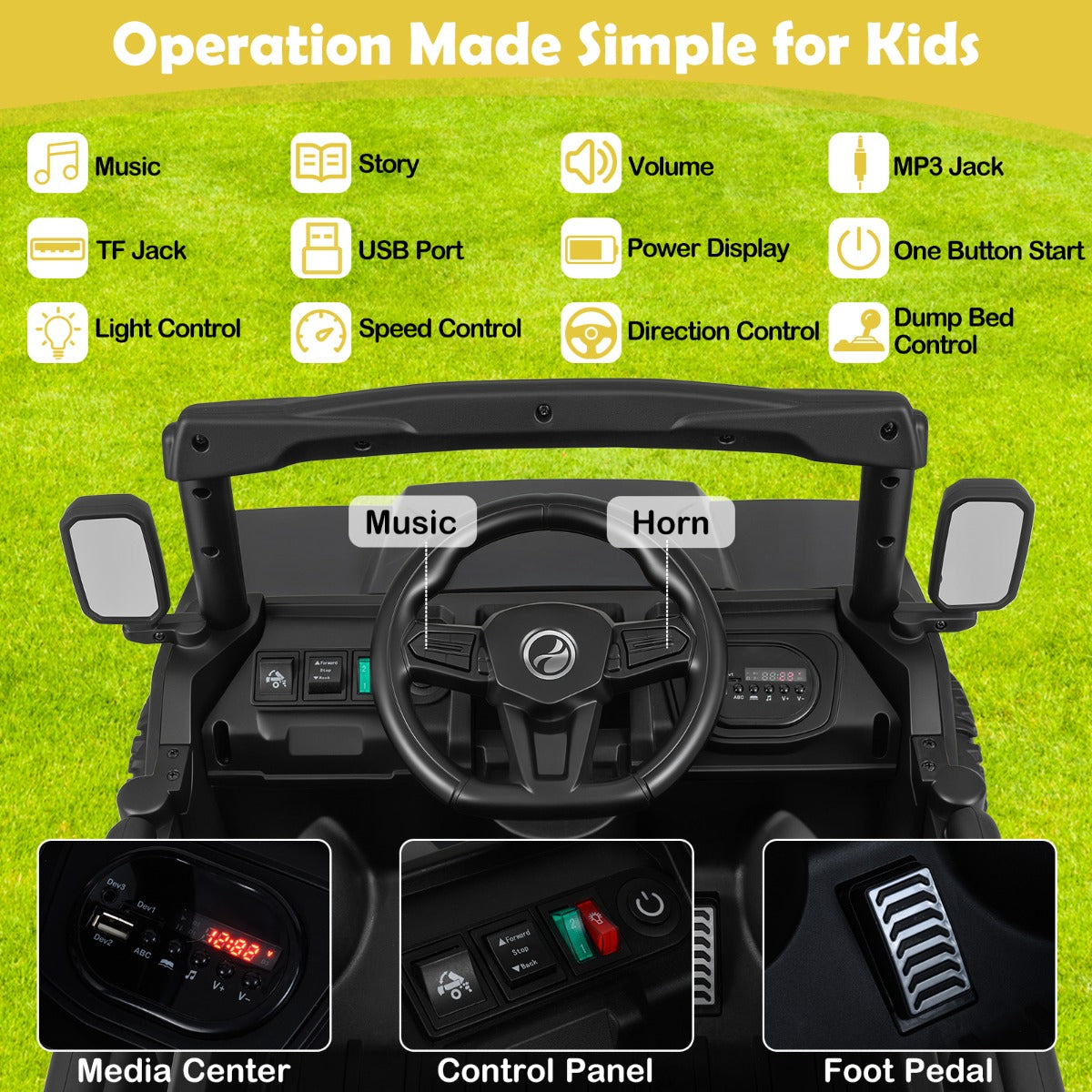 Livsk costway 12v kiepwagen elektrische kinderauto met elektrische kiepbak afstandsbediening muziek verhalen led verlichting en vering zwart 2