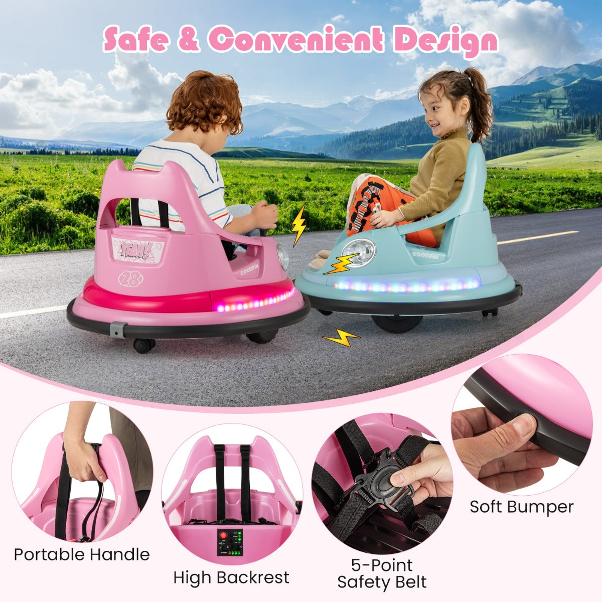 Livsk costway 12v kinderauto elektrische botsauto met afstandsbediening en dubbele joysticks roze 4