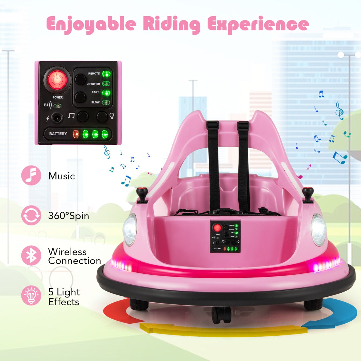 Livsk costway 12v kinderauto elektrische botsauto met afstandsbediening en dubbele joysticks roze 6