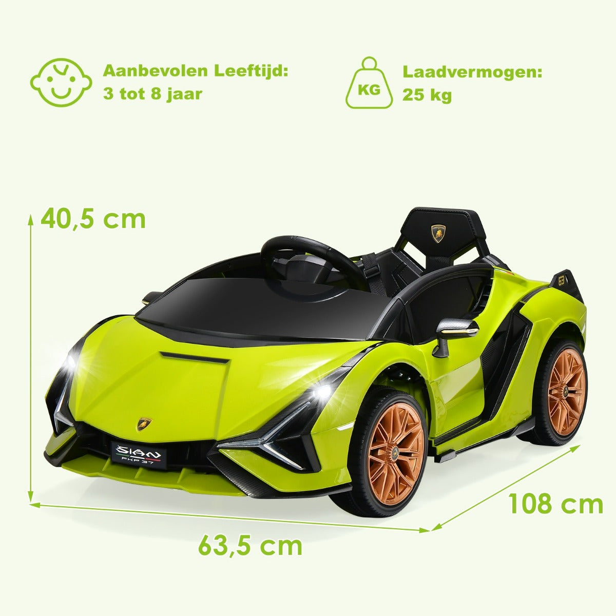LIVSK Elektrische Kinderauto - Afstandsbediening - LED Koplampen - Muziek en Verhalen - Tot 25 kg - 108 x 64 x 41 cm - Groen