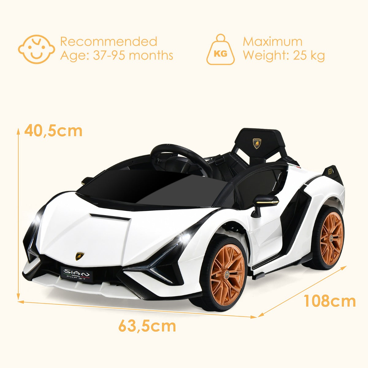 LIVSK Elektrische Kinderauto - Afstandsbediening - LED Koplampen - Veiligheidsgordel - Tot 25 kg - 108 x 64 x 41 cm - Wit