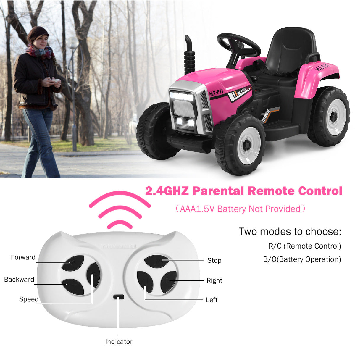 LIVSK Elektrische Tractor met Aanhanger - Afstandsbediening - Veilig Rijden - Ingebouwde Muziek - Voor Kinderen 3+ - Roze