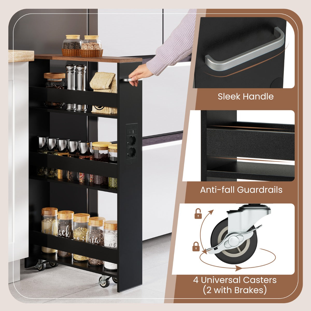 Livsk costway 13 cm ultradunne opbergkar met oplaadstation 4 laags keukenkar met handgrepen bruin 5