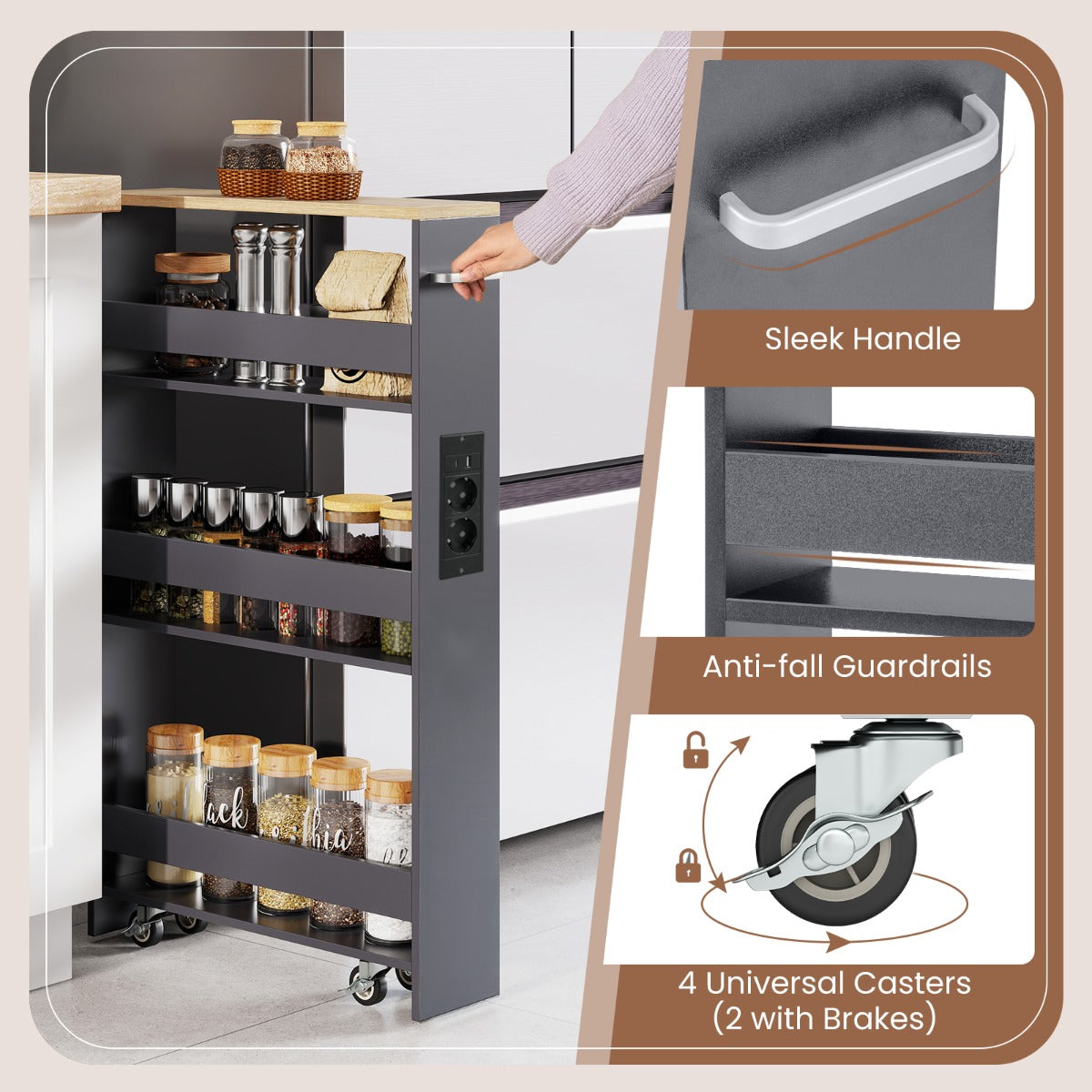 Livsk costway 13 cm ultradunne opbergkar met oplaadstation 4 laags keukenkar met handgrepen grijs 5