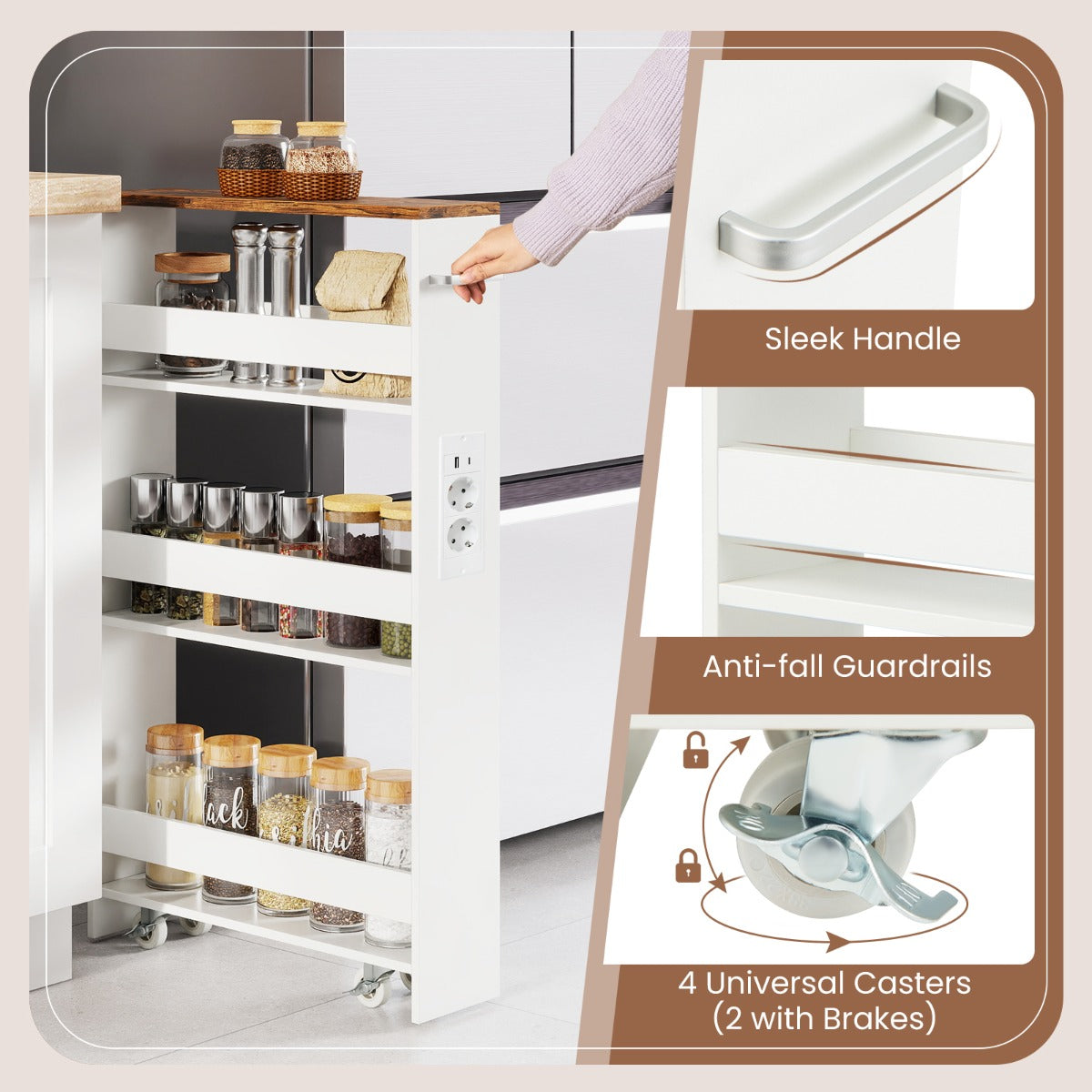 Livsk costway 13 cm ultradunne opbergkar met oplaadstation 4 laags keukenkar met handgrepen koffie 5