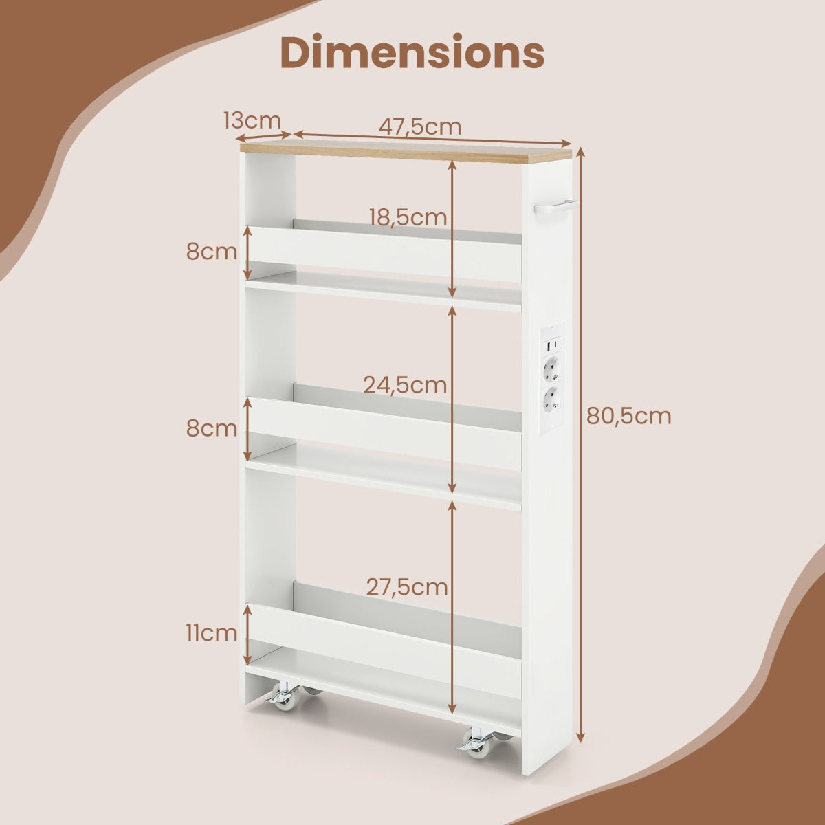 Livsk costway 13 cm ultradunne opbergkar met oplaadstation 4 laags keukenkar met handgrepen naturel 2