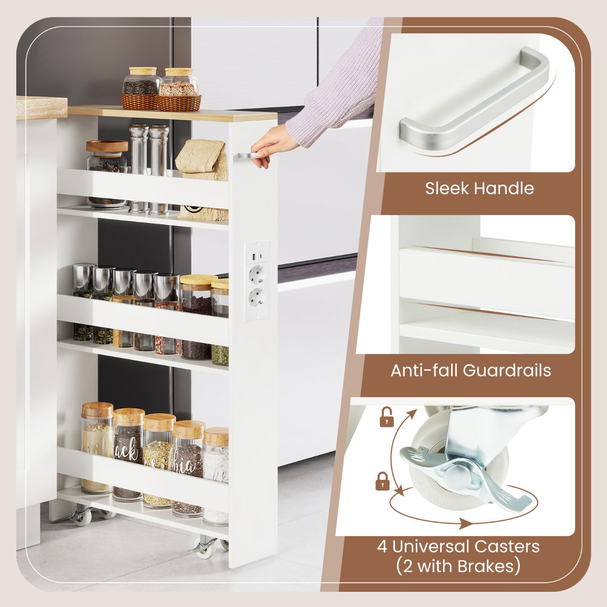 Livsk costway 13 cm ultradunne opbergkar met oplaadstation 4 laags keukenkar met handgrepen naturel 5
