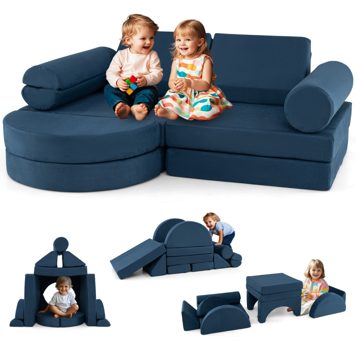 LIVSK Modulaire Kinderbank - 13-delige Set van Veilig Schuim - Afneembare Wasbare Hoezen - Educatief Spel - Marineblauw / Grijs
